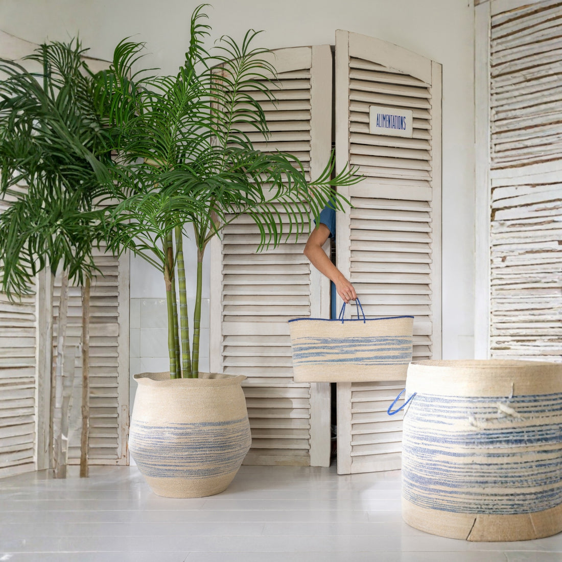 Set Van 2 Mand Gestreept Zeegras Naturel/Blauw J-Line