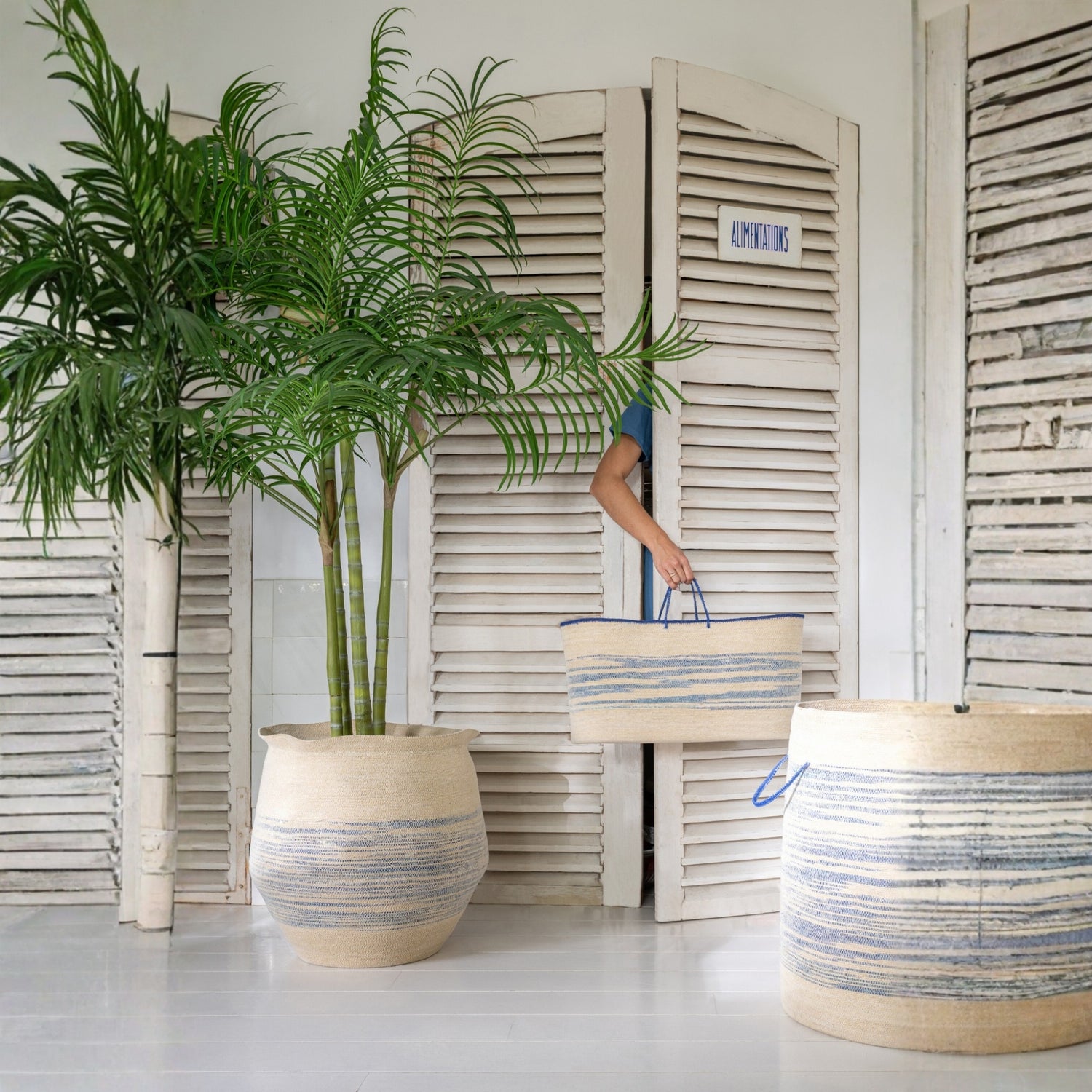 Set Van 2 Mand Met Handvat Gestreept Zeegras Naturel/Blauw J-Line