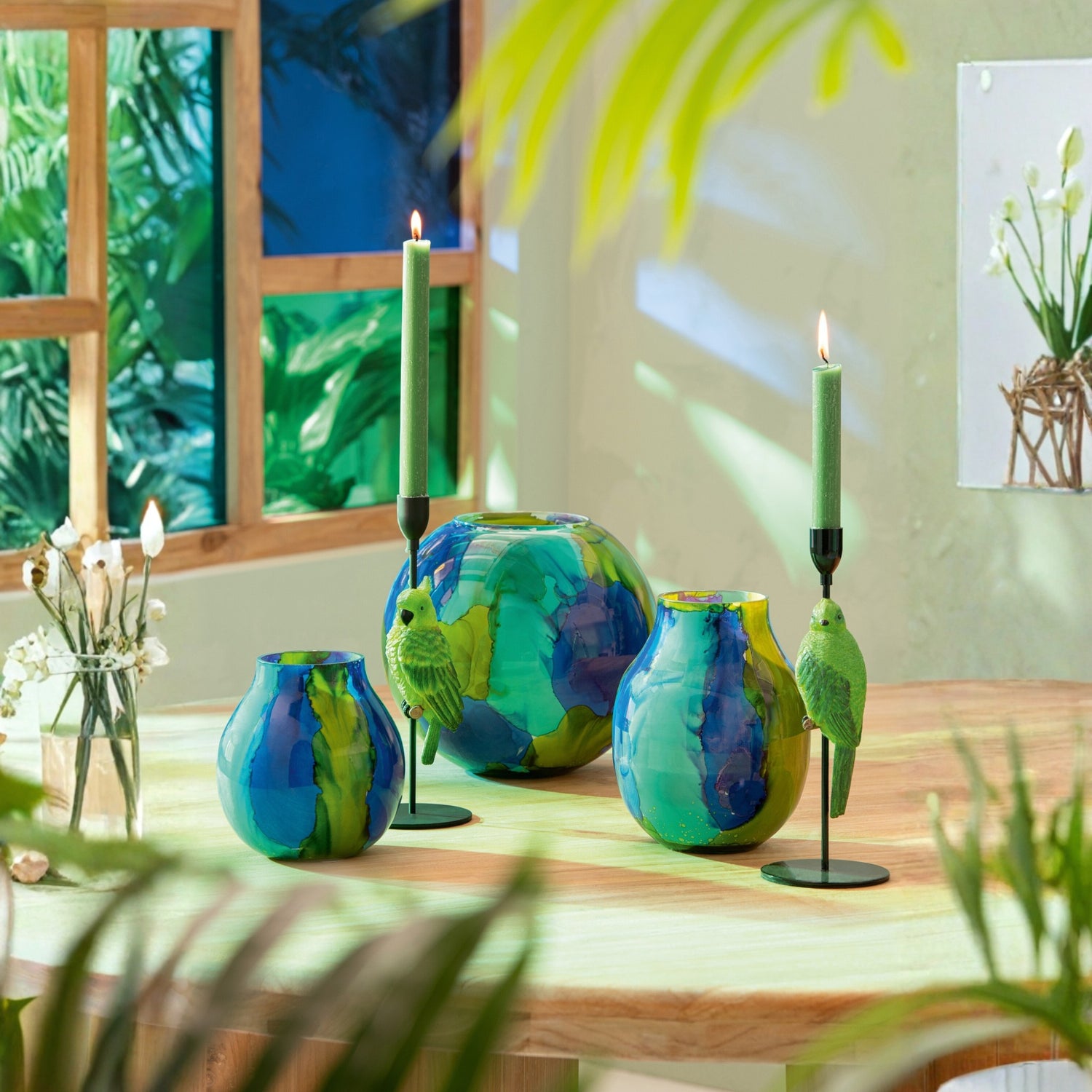 Kaarshouder Op Voet Papegaai Kalk Groen/Blauw Assortiment Van 3 J-Line