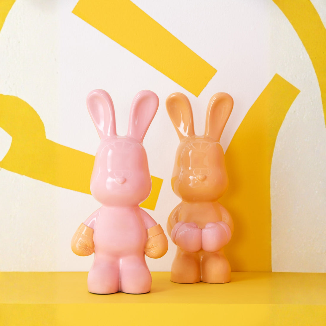Konijn Ray Boksend Polyresin Lichtroze/Abrikoos Set Van 2 J-Line
