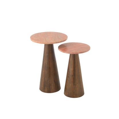 Bijzettafel Rond Marmer - Hout - Terracotta/bruin - Set van 2 J-Line