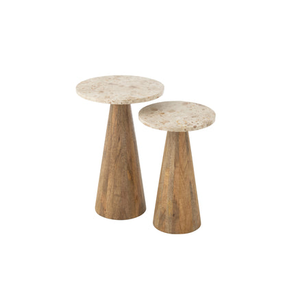 Bijzettafel Rond Marmer - Hout - Beige/Bruin - Set van 2 J-Line
