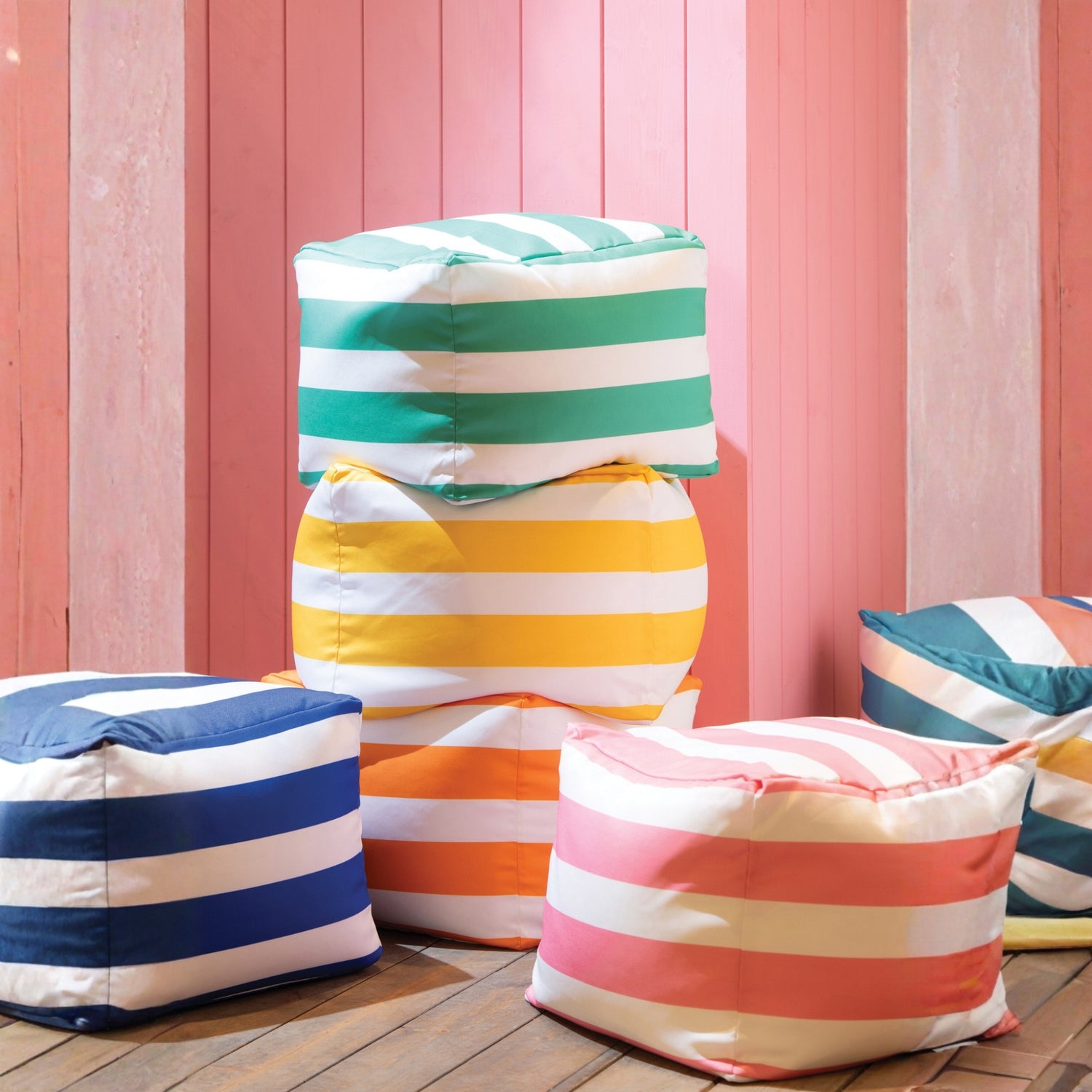 Set Van 3 Poef Gestreept Polyester Blauw/Groen J-Line