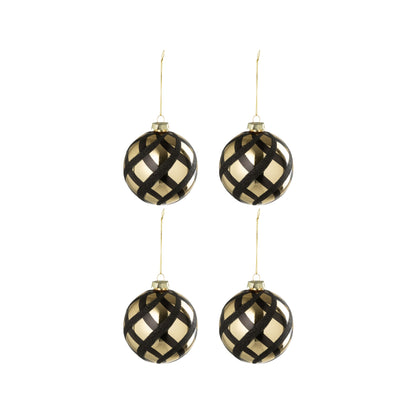 Doos Van 4 Kerstbal Geruit Glas Goudkleurig/Zwart J-Line