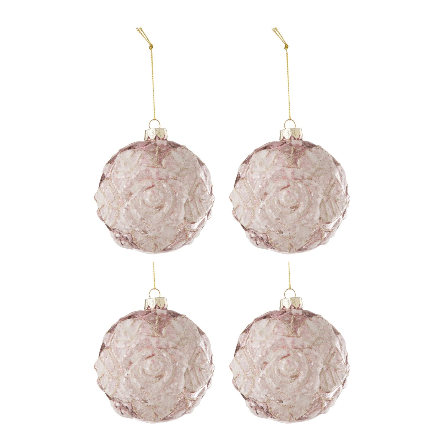 Doos Van 4 Kerstbal Motief Roos Pailletten Glas Licht Roze Large J-Line