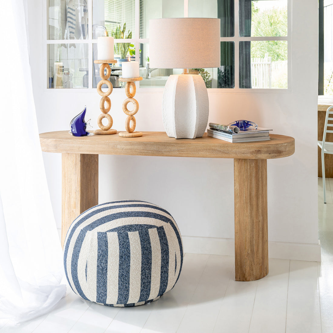 Poef Gestreept Blauw/Gebroken Wit J-Line