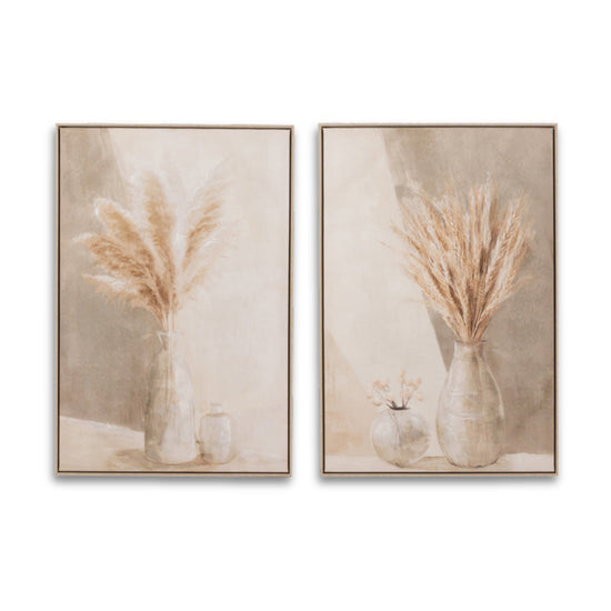 Painting Vase Pampas Canvas/Wood Beige Assortment Of 2