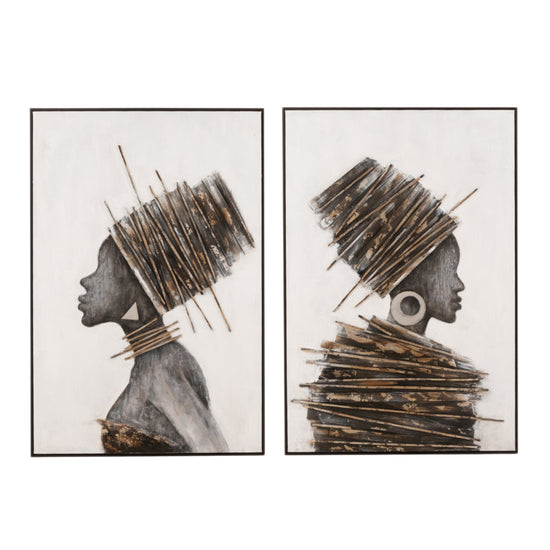 Painting African Woman Wood/Canvas Brown/Grey Assortment Of 2