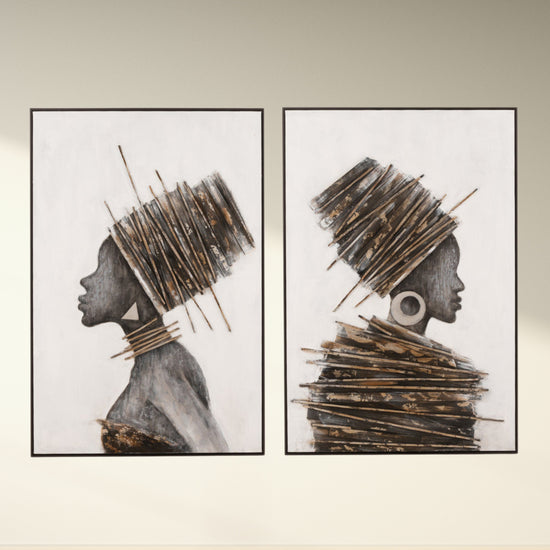 Painting African Woman Wood/Canvas Brown/Grey Assortment Of 2