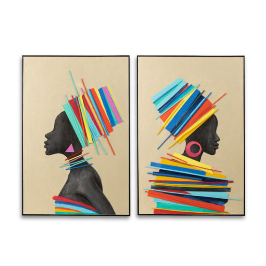 Painting African Woman Wood/Canvas Mix Assortment Of 2