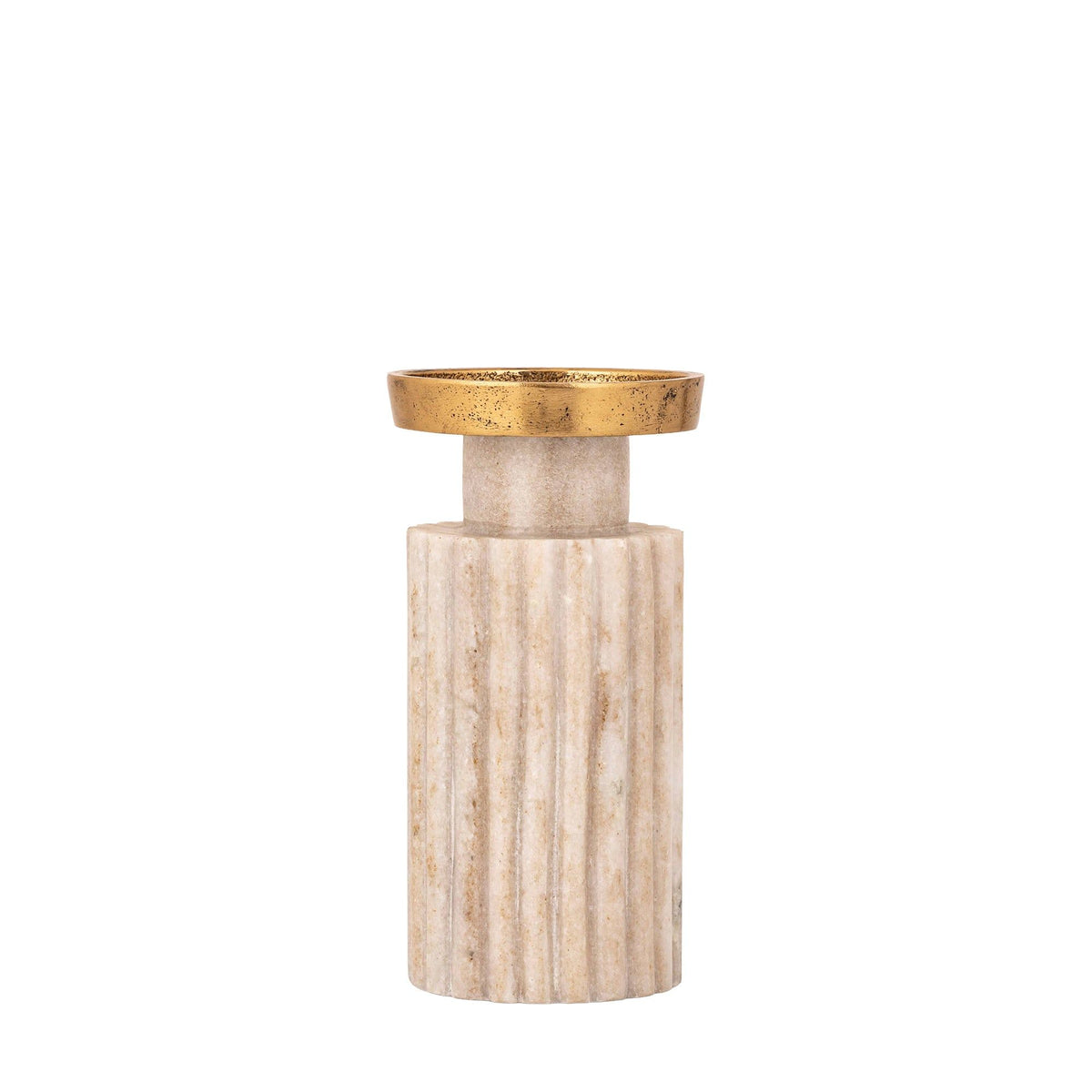 Alani Kandelaar Marmer Beige Geribbeld Small van PTMD, vooraanzicht van de geribbelde kandelaar op wit