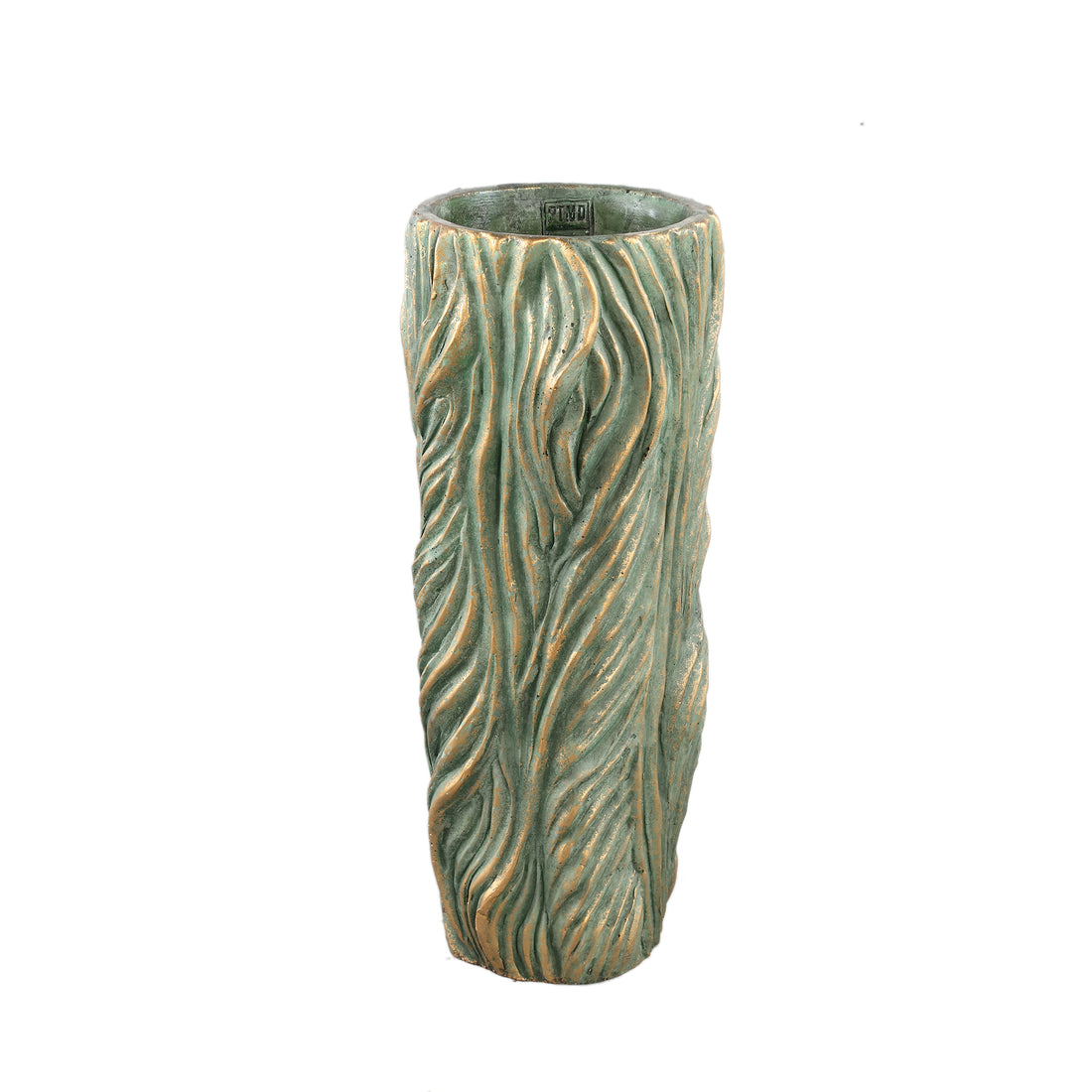 Alexio Green Round Cement Pot Wavy Lines High L Ø20xH45cm PTMD - Pot - PTMD - livinglovely.nl