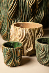 Alexio Green Round Cement Pot Wavy Lines Low XL Ø30xH30cm PTMD - Pot - PTMD - livinglovely.nl