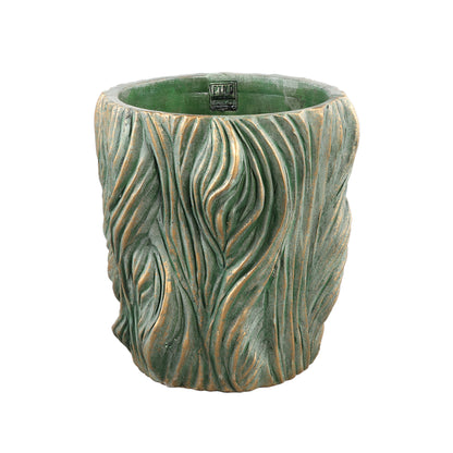 Alexio Green Round Cement Pot Wavy Lines Low XL Ø30xH30cm PTMD - Pot - PTMD - livinglovely.nl