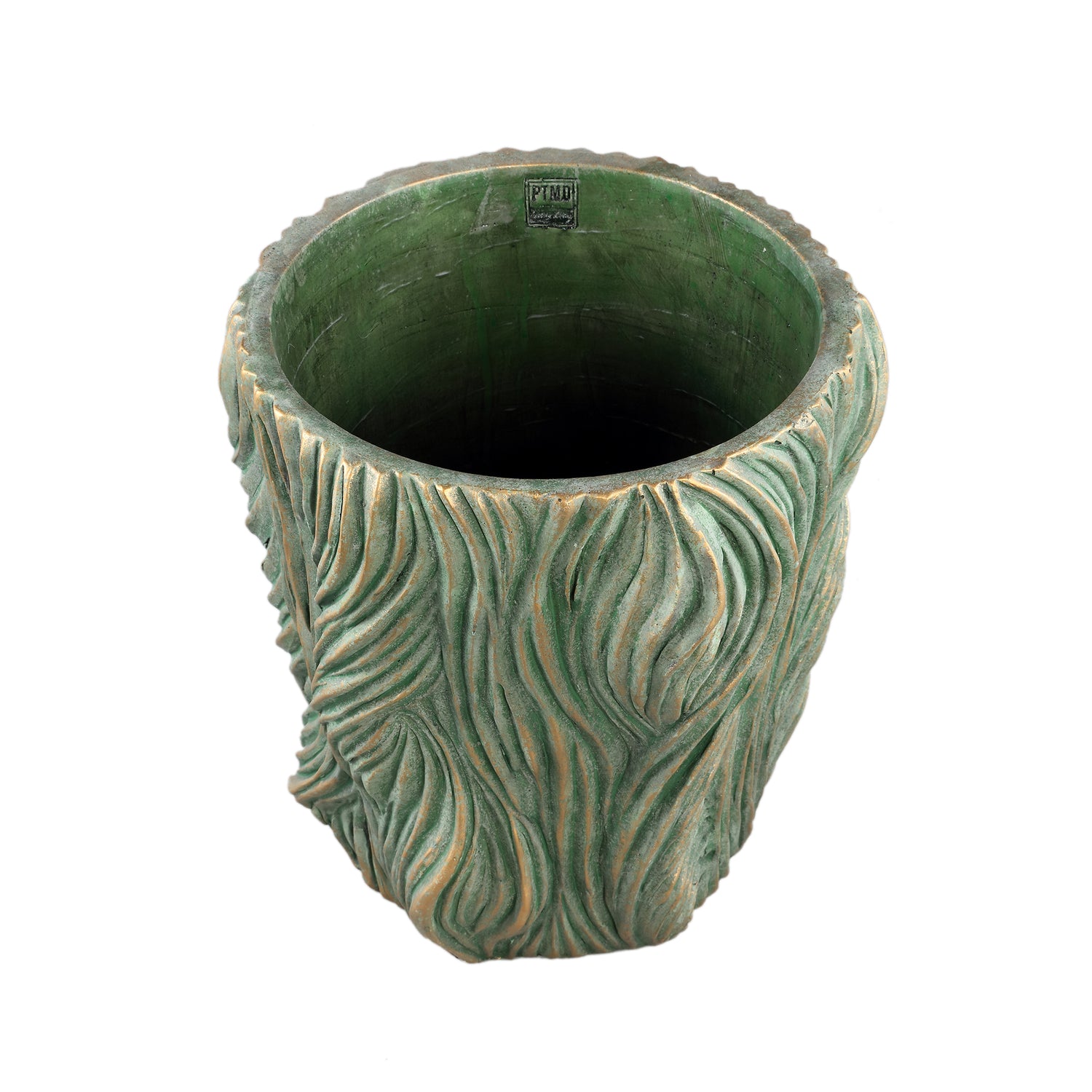 Alexio Green Round Cement Pot Wavy Lines Low XXL Ø40xH40cm PTMD - Pot - PTMD - livinglovely.nl