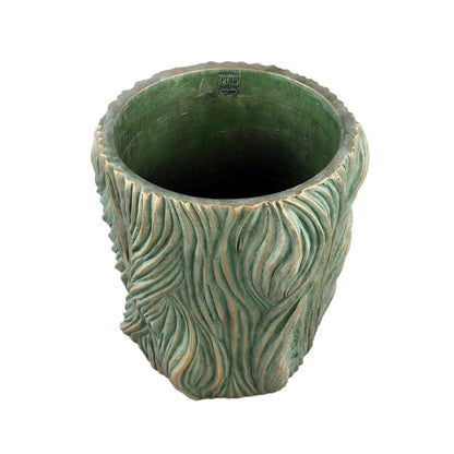 Alexio Green Round Cement Pot Wavy Lines Low XXL Ø40xH40cm PTMD - Pot - PTMD - livinglovely.nl