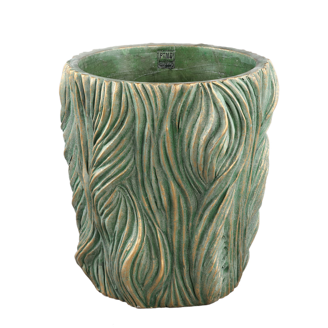 Alexio Green Round Cement Pot Wavy Lines Low XXL Ø40xH40cm PTMD - Pot - PTMD - livinglovely.nl