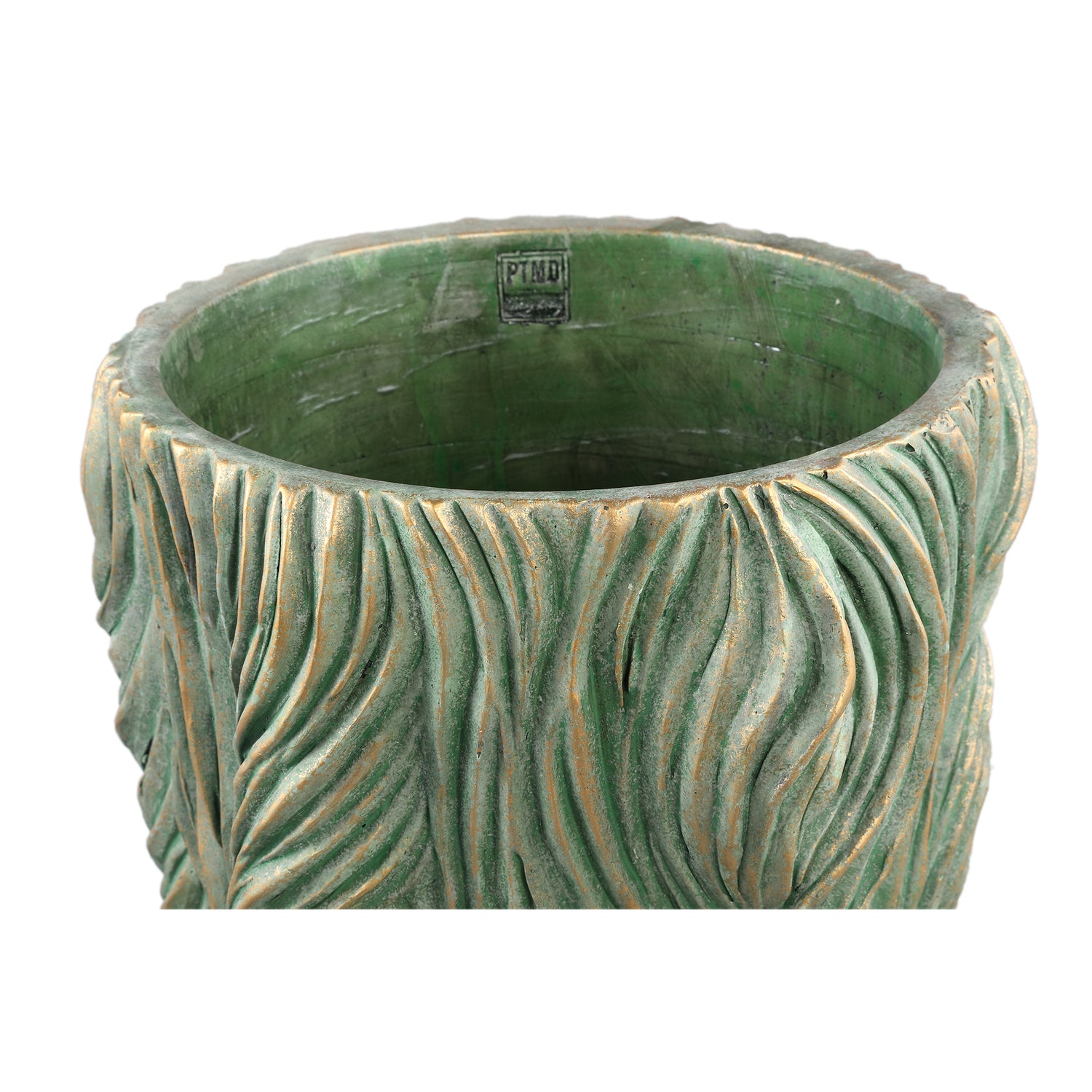 Alexio Green Round Cement Pot Wavy Lines Low XXL Ø40xH40cm PTMD - Pot - PTMD - livinglovely.nl