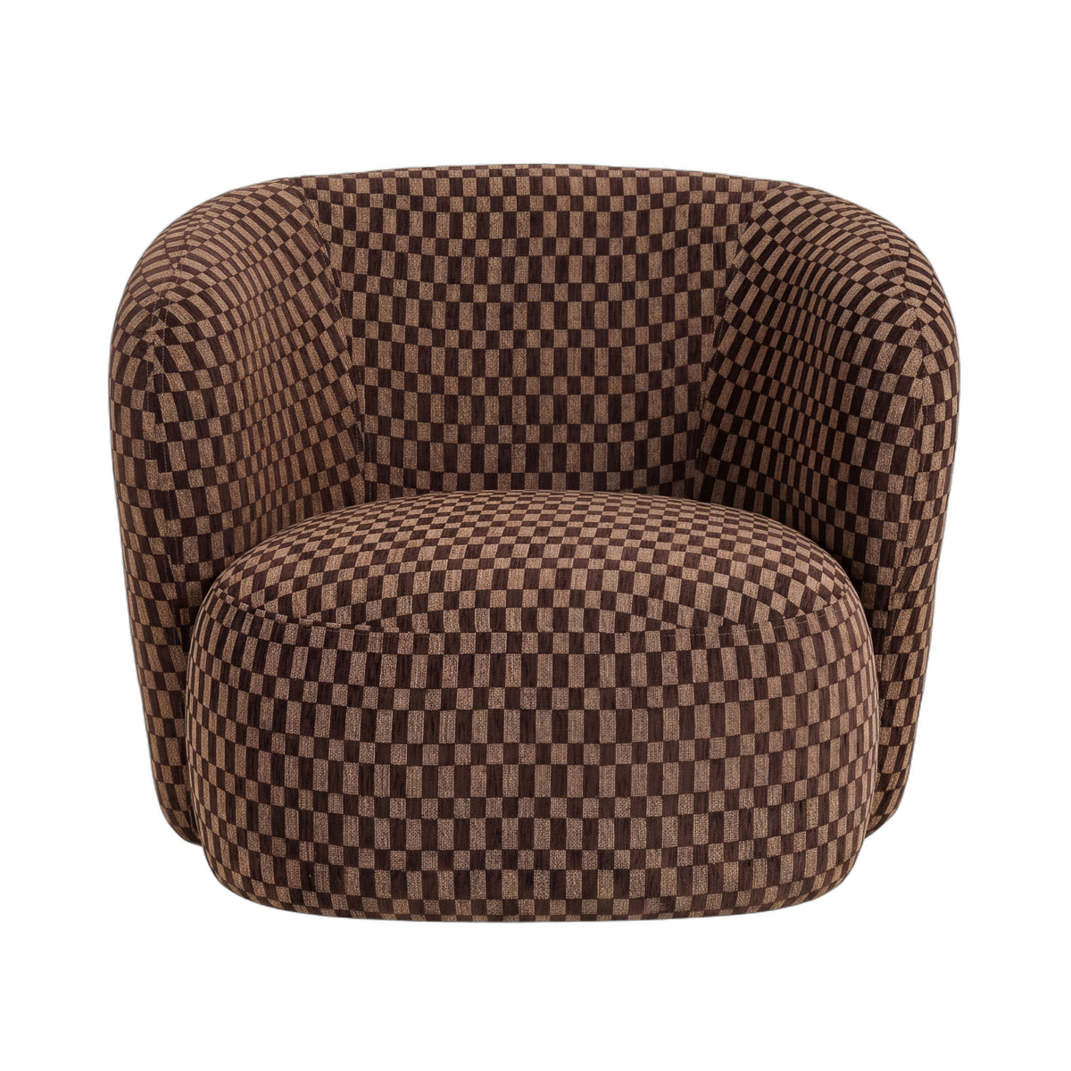 Aphrodite Fauteuil Donkerbruin Blocked van PTMD, vooraanzicht van de donkerbruine fauteuil