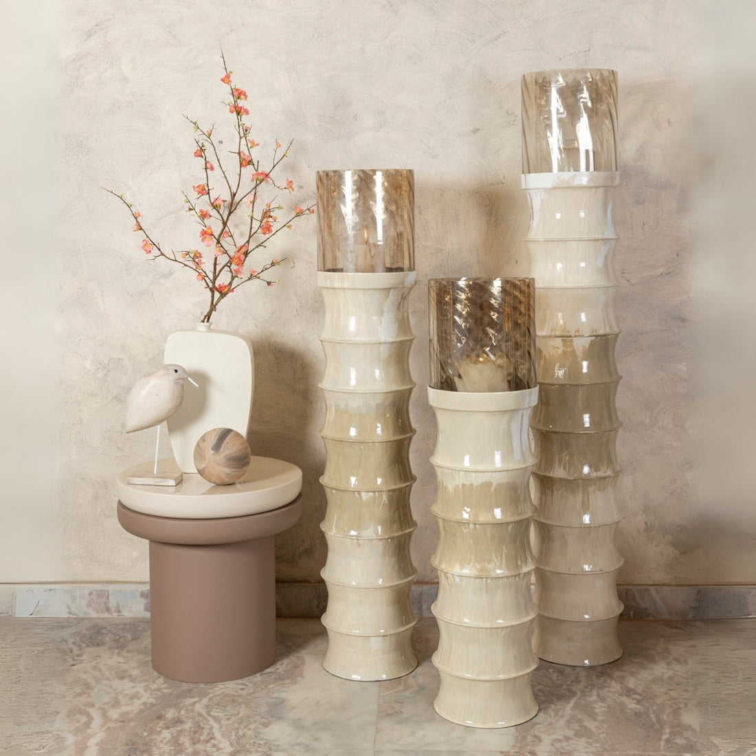 ARCHIVED: Kaylyne Cream Enamel Ribbed Stormlight W Glas L PTMD - Kandelaar - PTMD - livinglovely.nl