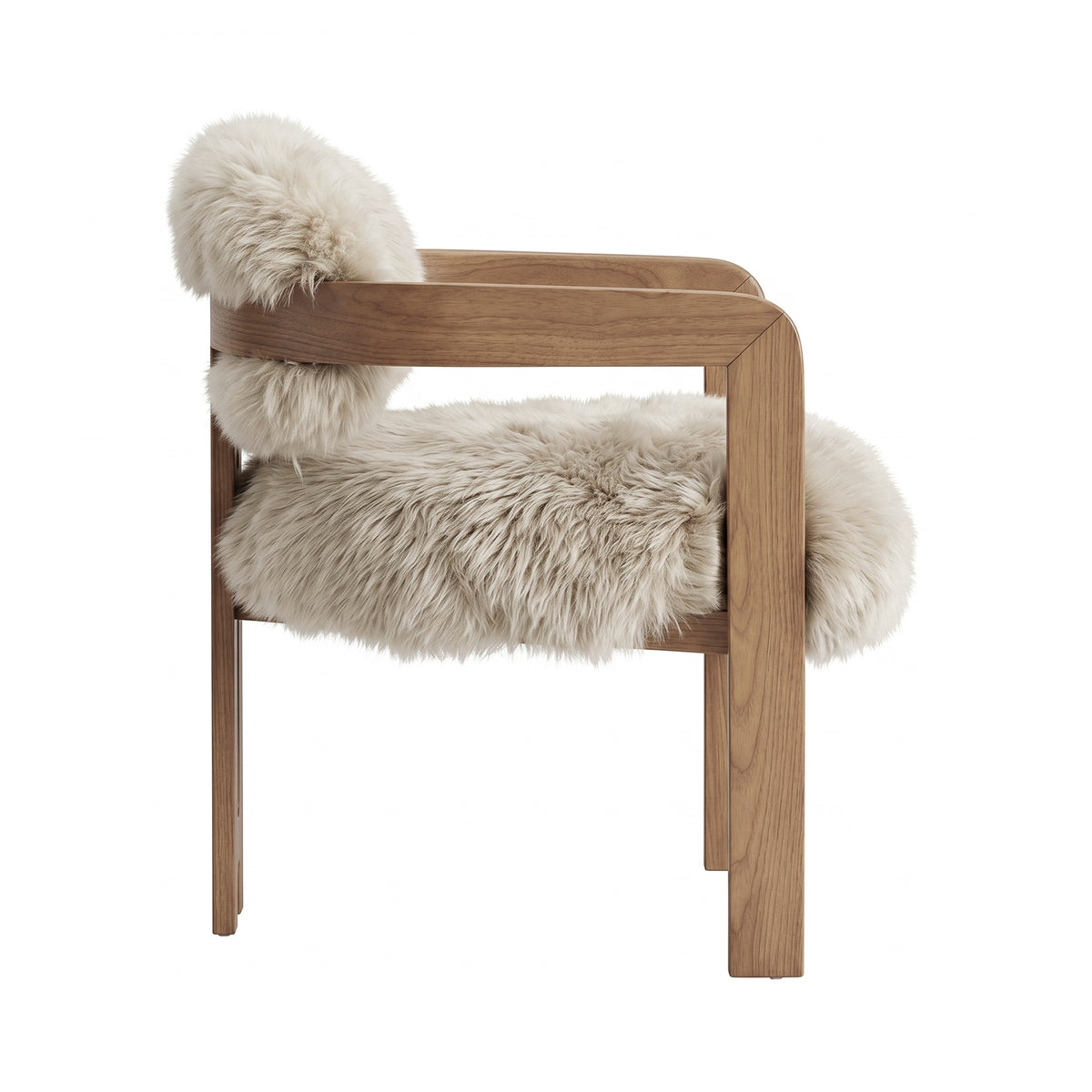 Avelon Eetkamerstoel Echte Schapenvacht Beige Essenhout van PTMD, eetkamerstoel met armleuningen en wollen bekleding