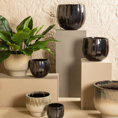 Ayasha Silver glazed ceramic pot shiny round Set van 4 PTMD - Pot - PTMD - livinglovely.nl