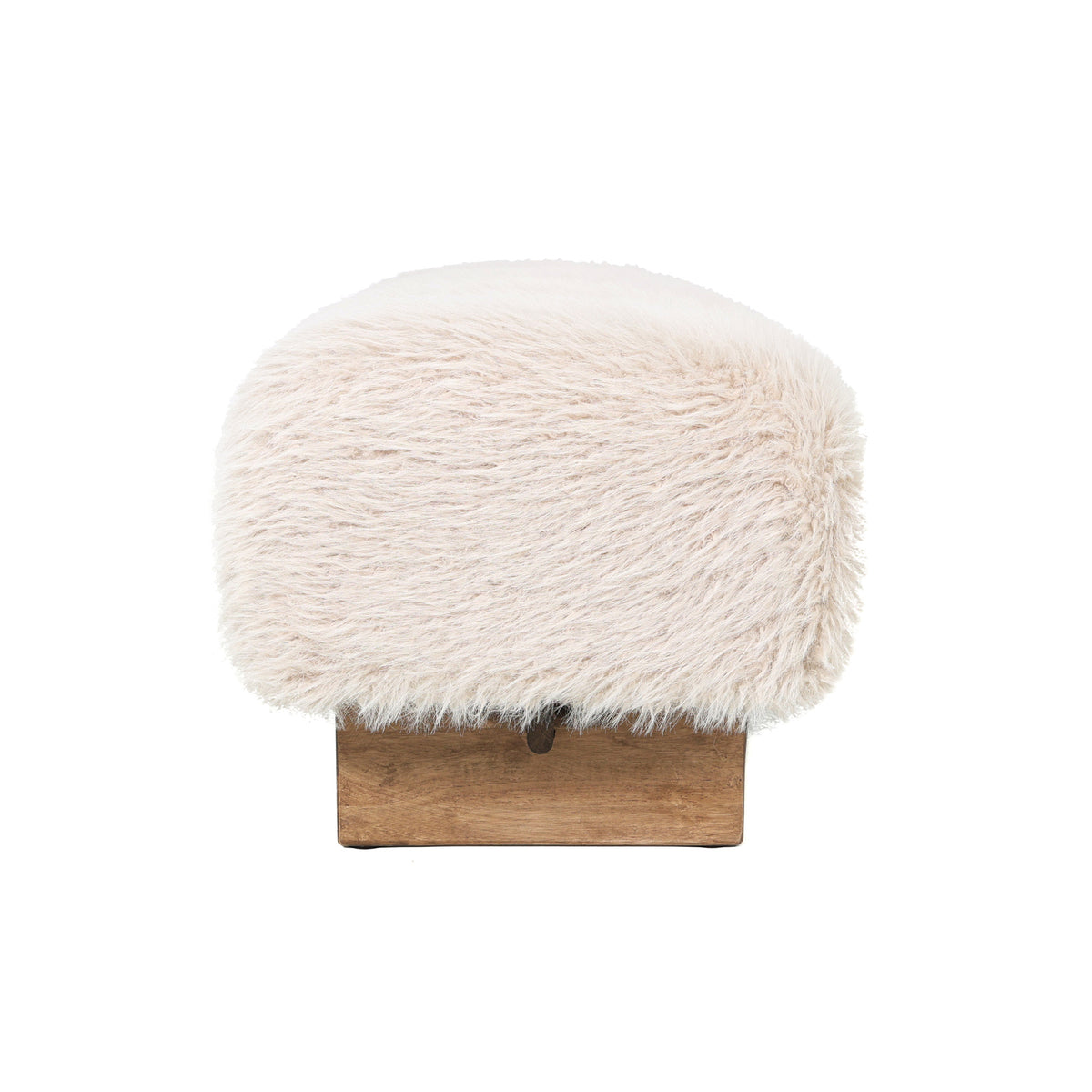 Detail van de zachte beige stof en de houten poot van het PTMD bankje