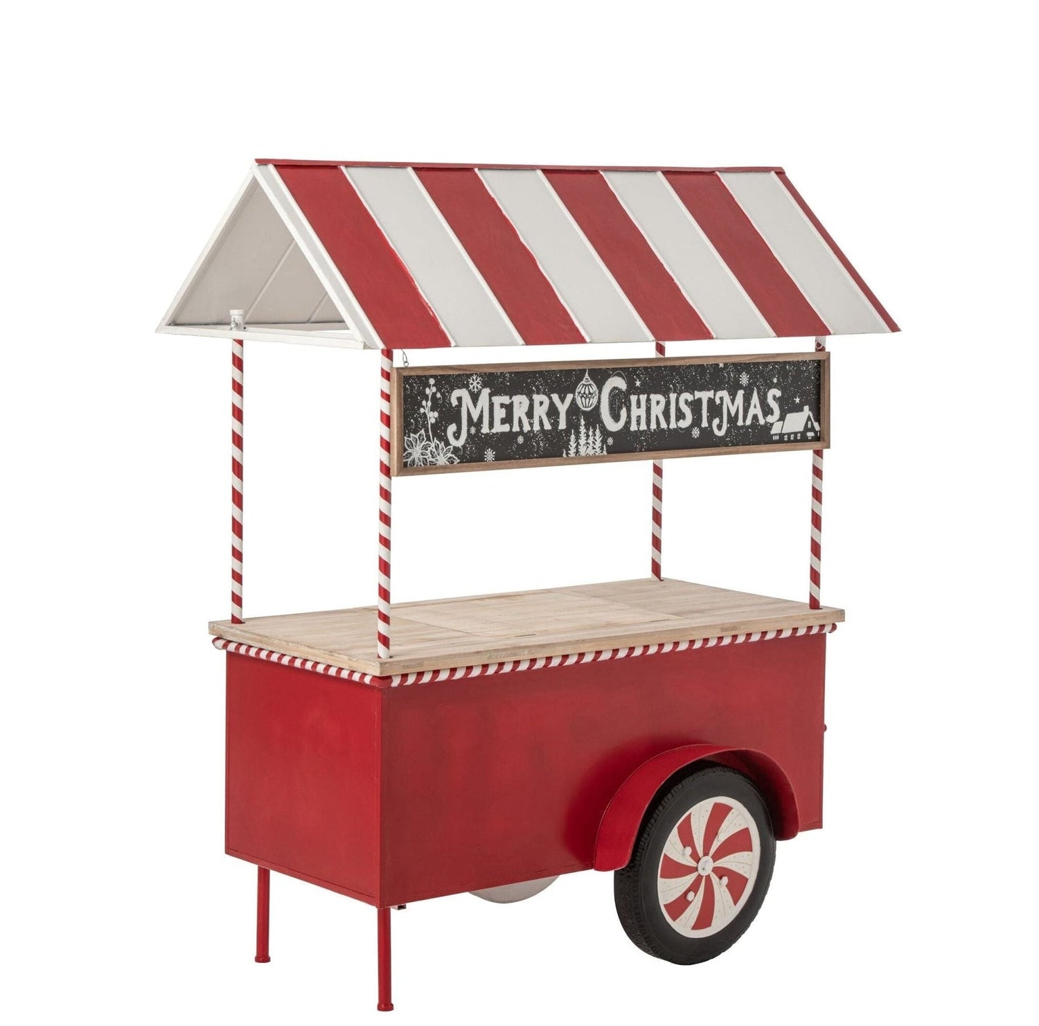 Metalen kioskbar van J-Line in rood en wit, met houten blad en rubberen details