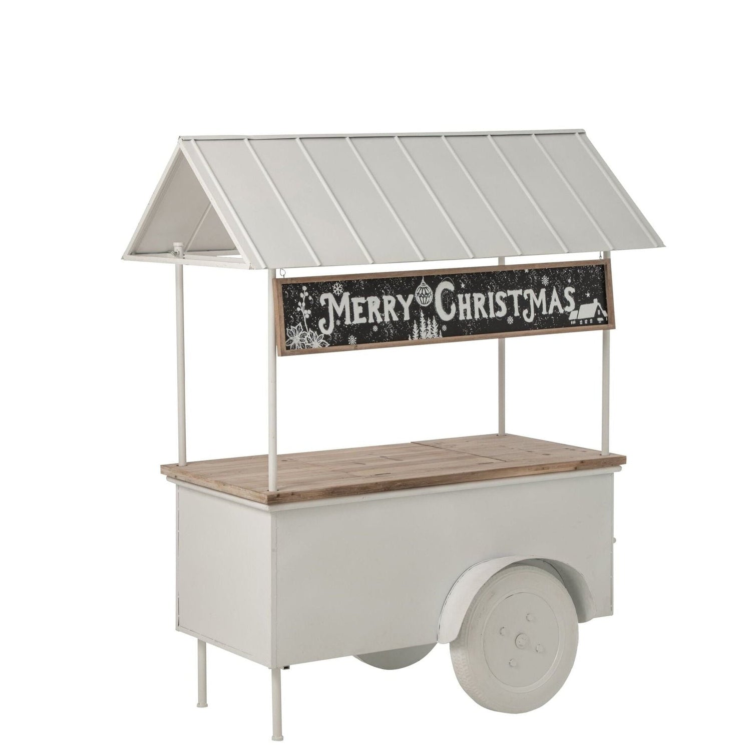 Wit metalen kioskbar van J-Line, 134cm breed en 74cm diep, met houten blad