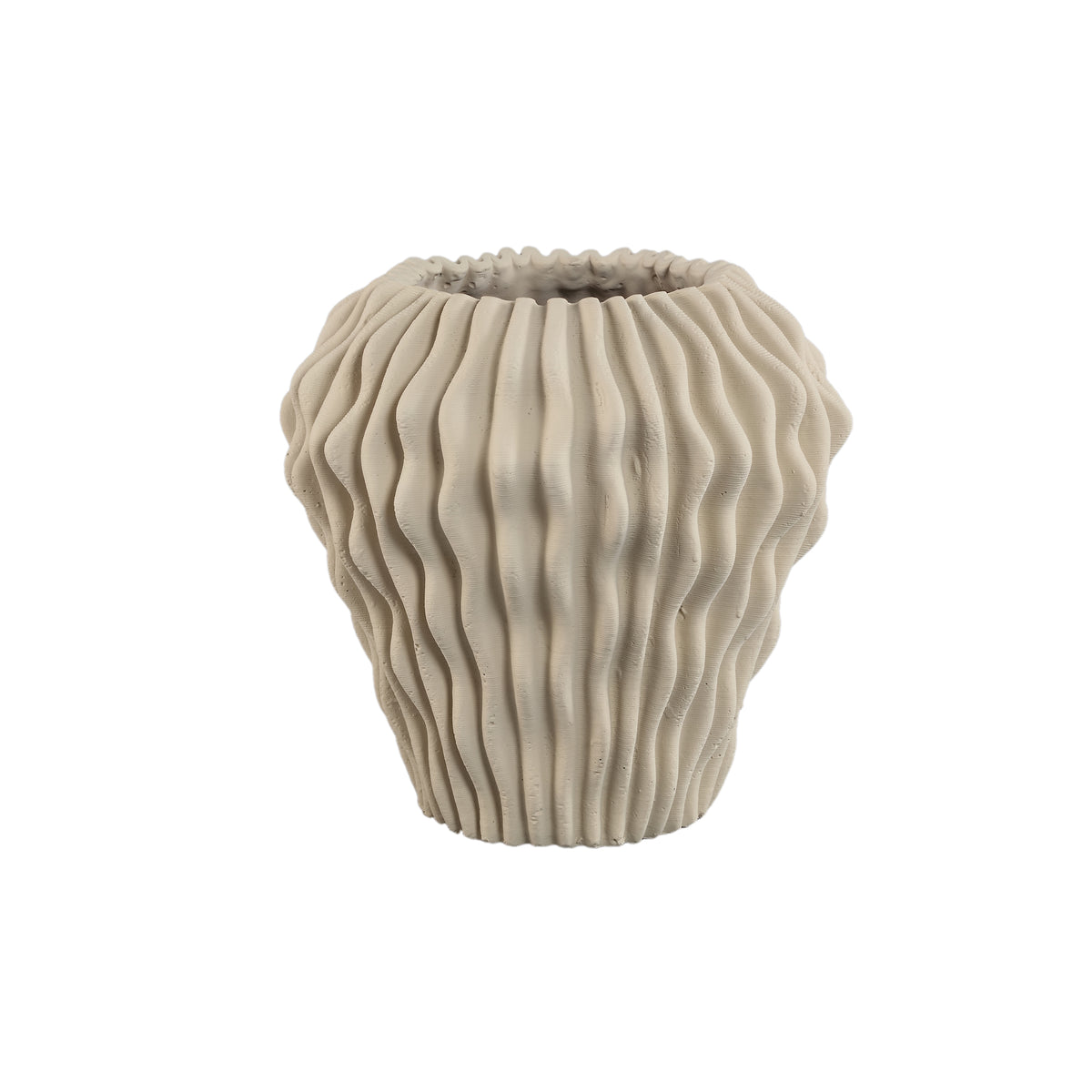 Barren Beige Cement Round Vase 3D Wavy Pattern L van PTMD, beige cementen vaas op witte achtergrond