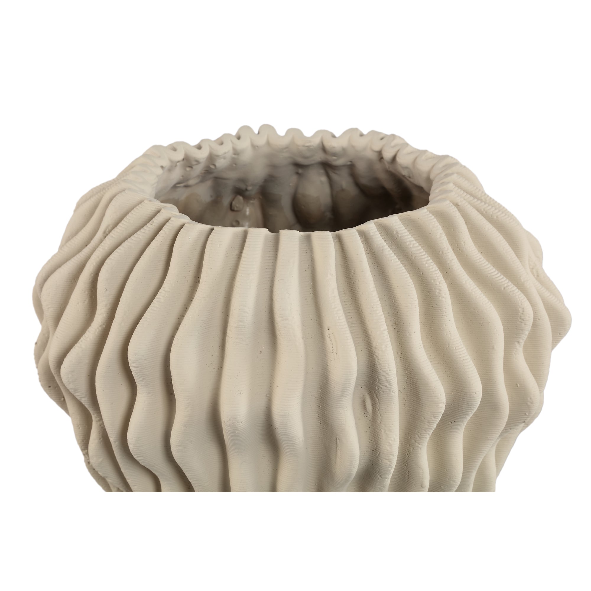 Barren Beige Cement Round Vase 3D Wavy Pattern L van PTMD, detail van het golvende 3D patroon