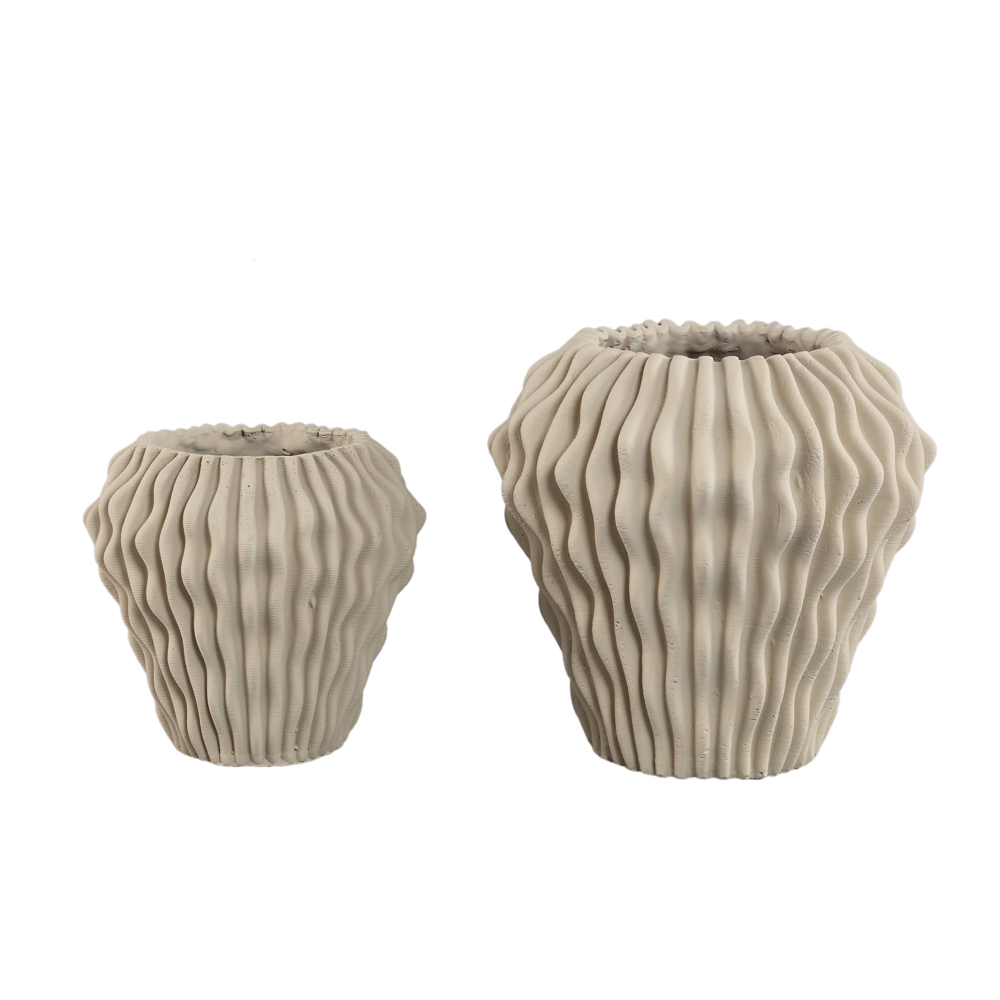 Barren Beige Cement Round Vase 3D Wavy Pattern L van PTMD, bovenaanzicht van de opening op witte achtergrond