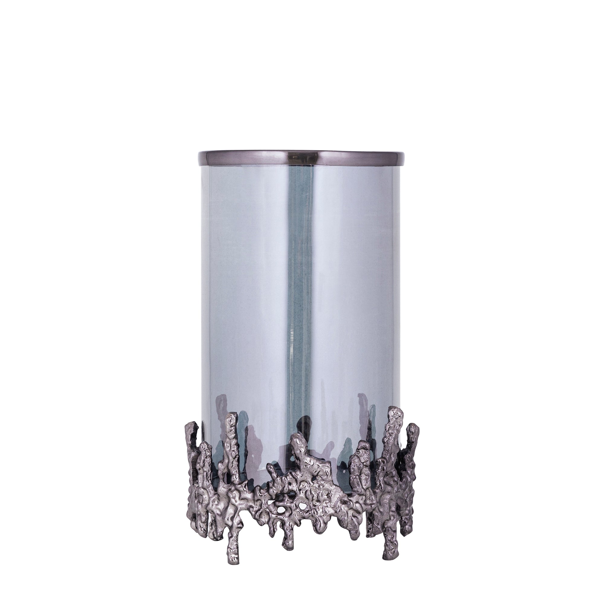 Barrie Gun Metal Alu Square Rough Plate Stormlight van PTMD, windlicht op ruwe aluminium plaat op witte achtergrond