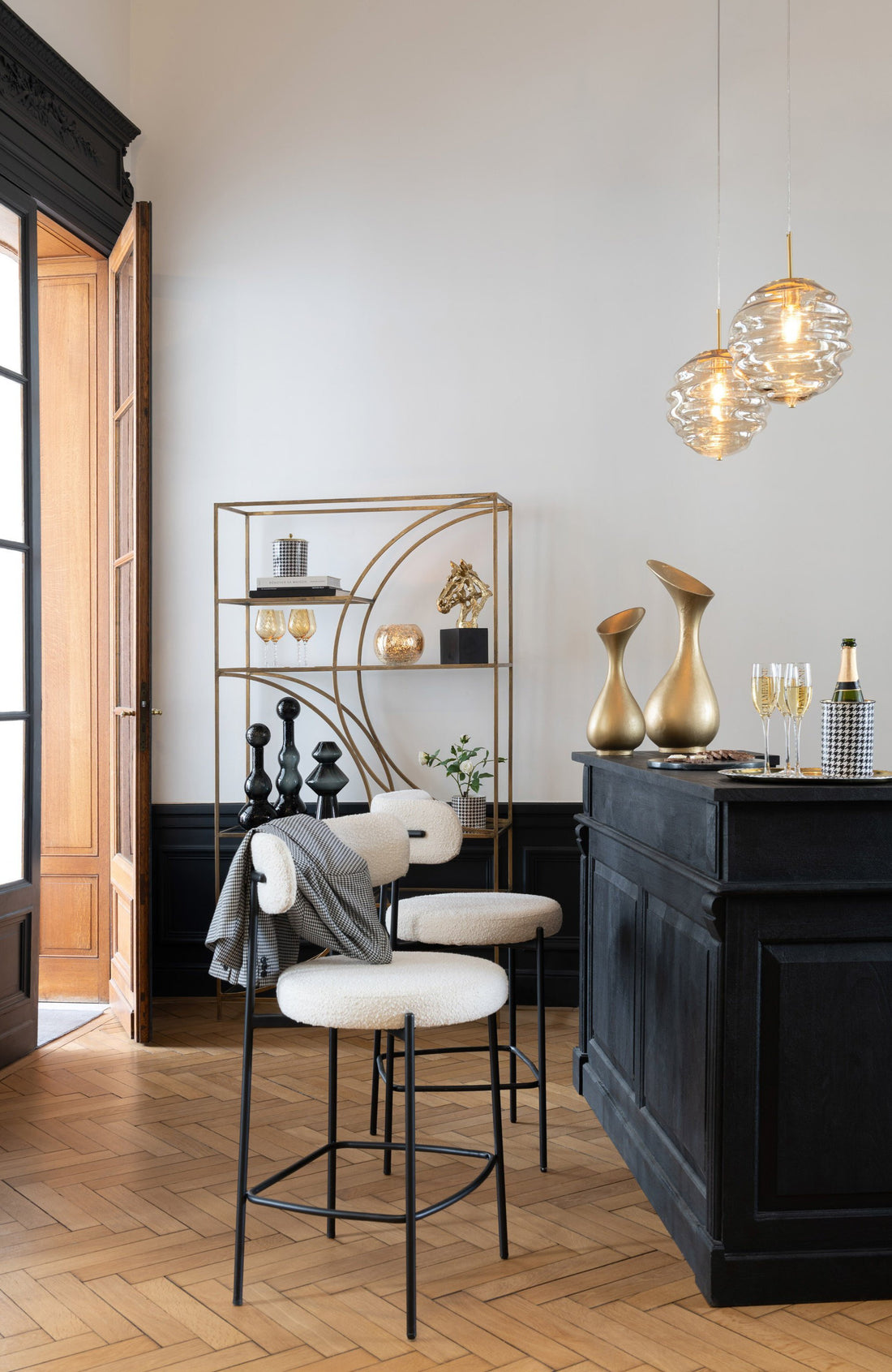 Barstoel Boucle Multiplex/Polyester Wit/Zwart - Barkruk - J-Line - livinglovely.nl