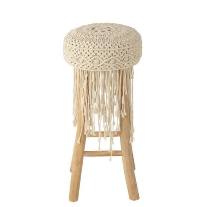Barstoel Franjes Hout/Macrame Wit - Barkruk - J-Line - livinglovely.nl