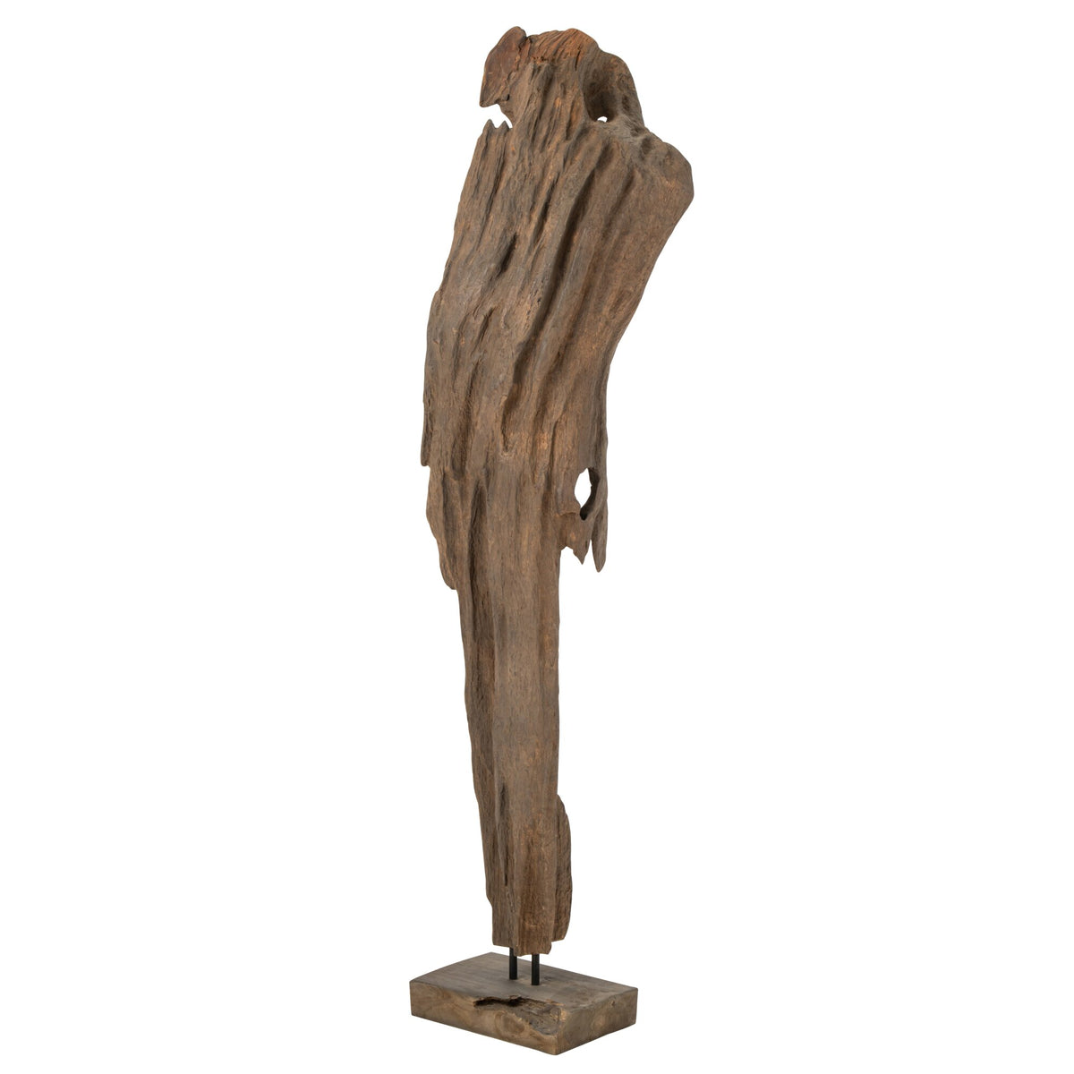 Beeld Abstract Mira van J-Line, donkerbruine teakhouten sculptuur met diepe groeven, zijaanzicht