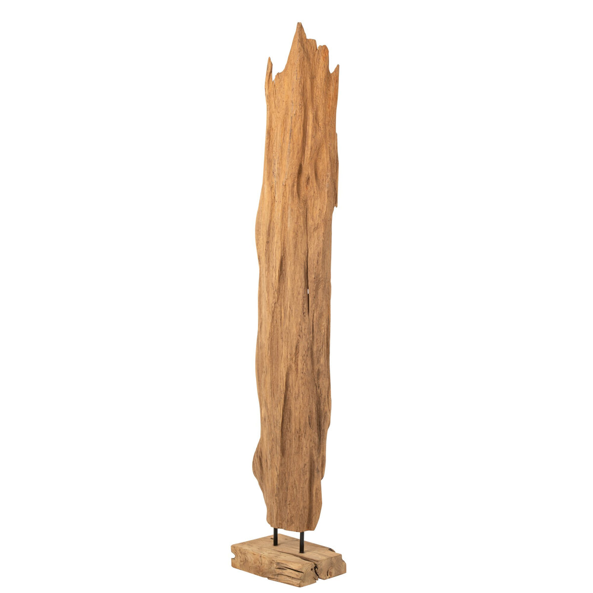 Beeld Abstract Mira van J-Line, teakhouten sculptuur met diepe groeven in warme naturel tint, zijaanzicht