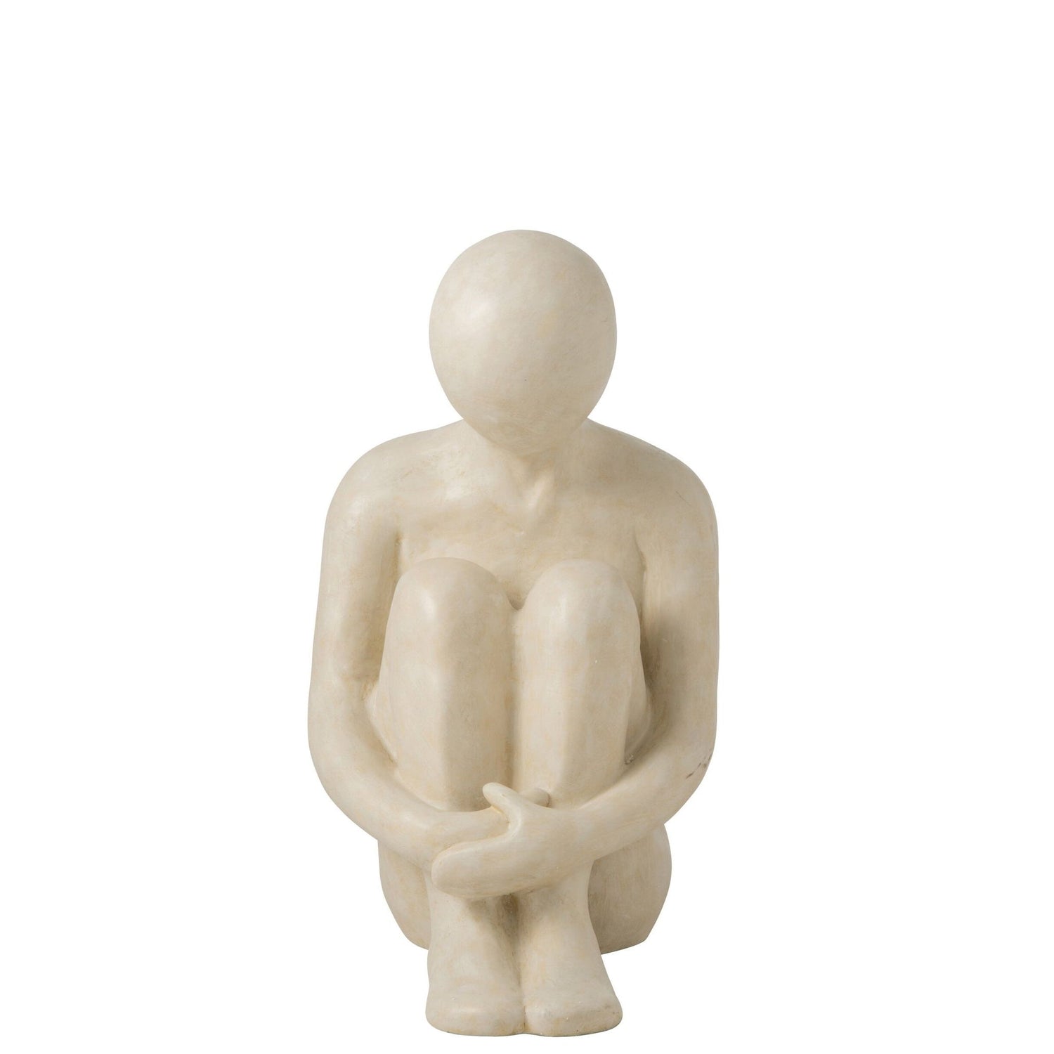 Beeld Abstracte Man Zittend van J-Line, gestileerde zittende figuur in gebroken wit polyresin, 50cm hoog