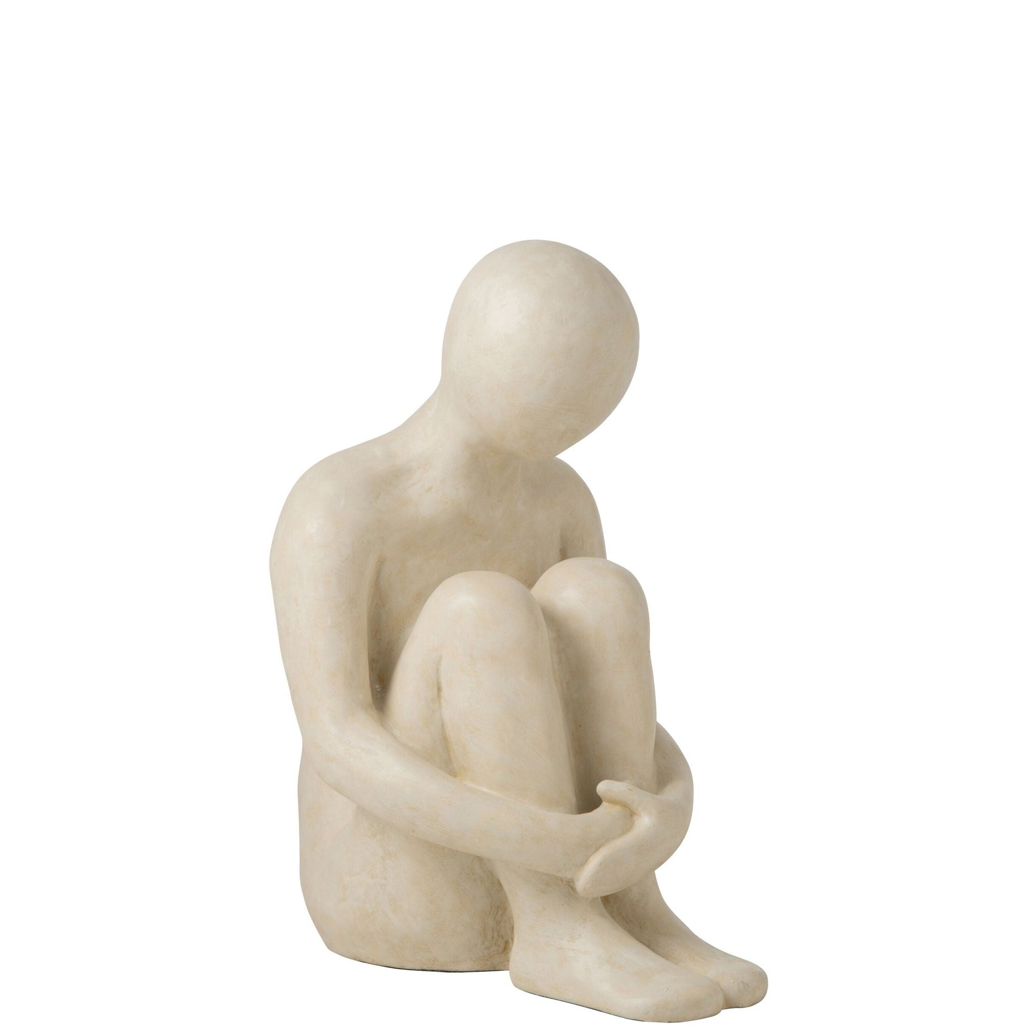 Zittend abstract mansbeeld van J-Line in gebroken wit polyresin met gladde, vloeiende vormen