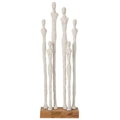 Beeld Figuren Op Voet van J-Line, groep slanke witte polyresin figuren op naturel houten voet, vooraanzicht