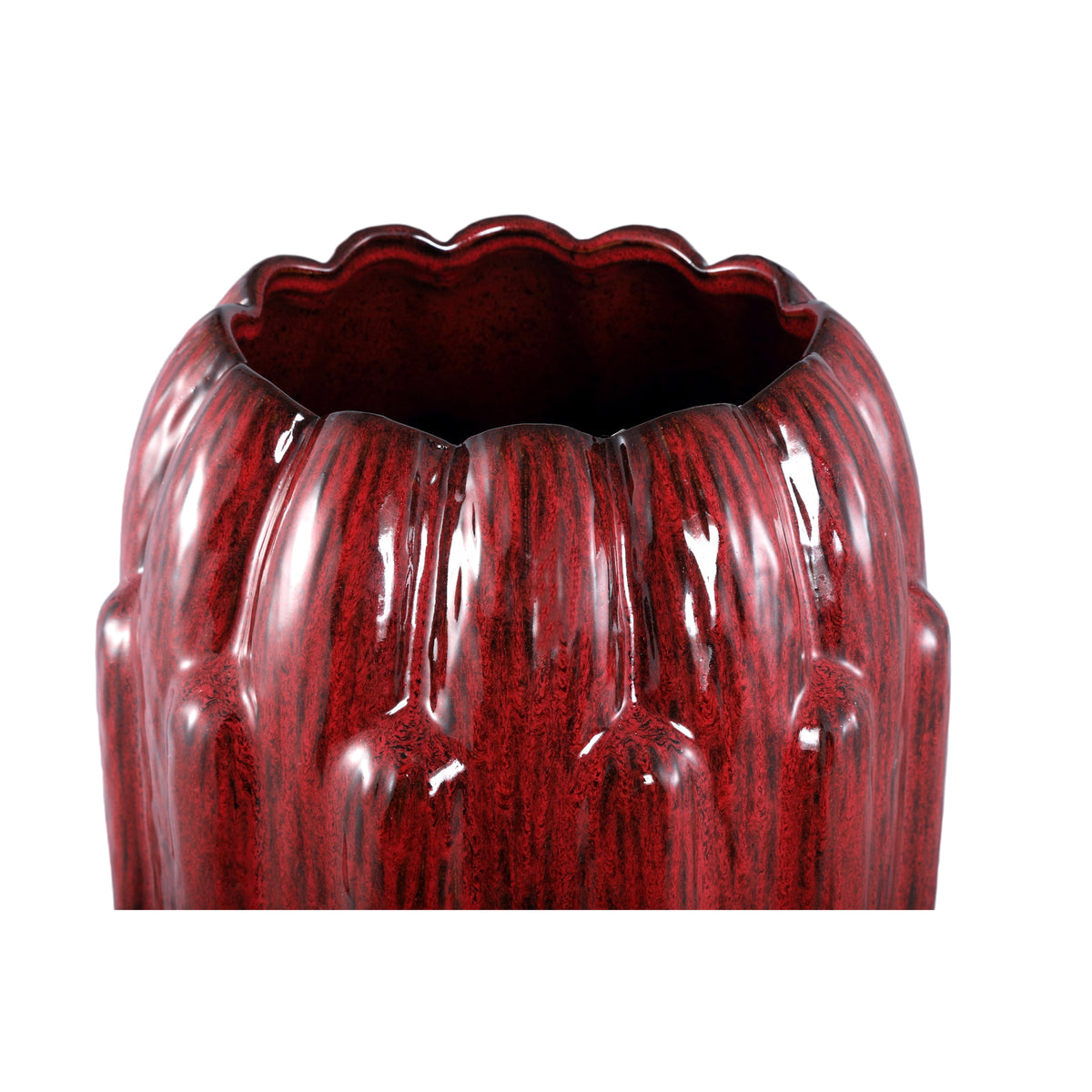 Bentz Bloempot Keramiek Rood Large van PTMD, close up van de grove ribbels in de rode keramiek