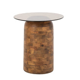 Bijzettafel Cilinder van J-Line, cilindervormige voet van naturel mangohout met rond glazen blad
