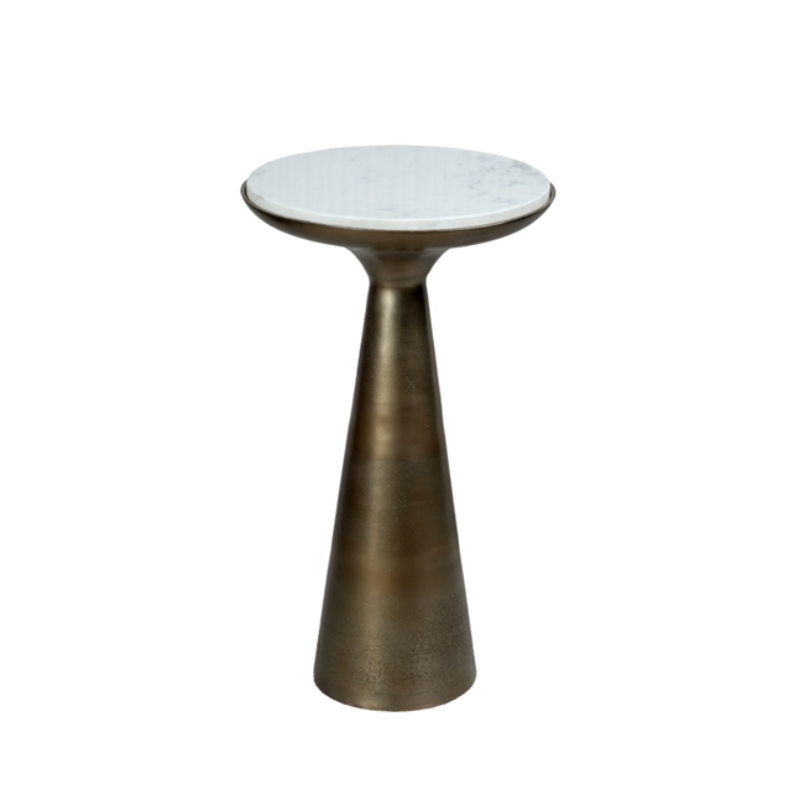 Ronde bijzettafel Essy in wit marmer met goud, compact formaat van 38cm doorsnede en 60cm hoog