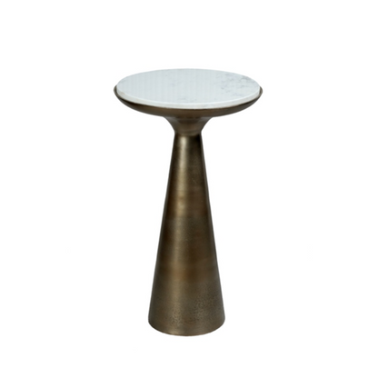 Ronde bijzettafel Essy in wit marmer met goud, compact formaat van 38cm doorsnede en 60cm hoog