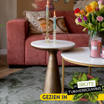 Bijzettafel Essy Marmer Wit 45cm van Starfurn, rond wit marmeren blad op goudkleurige metalen voet