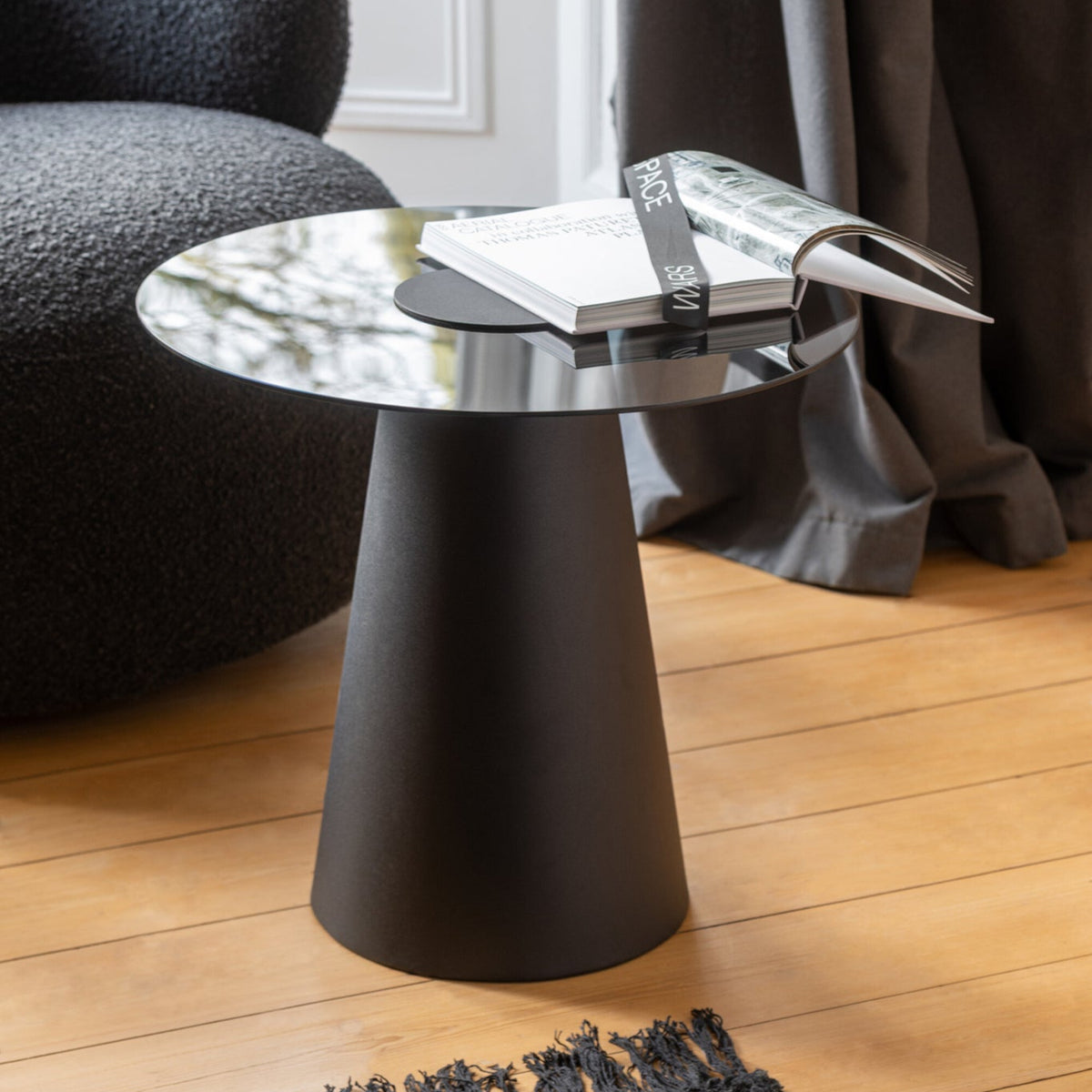 Bijzettafel Glas Flat Cap Kegel Metaal Zwart J-Line