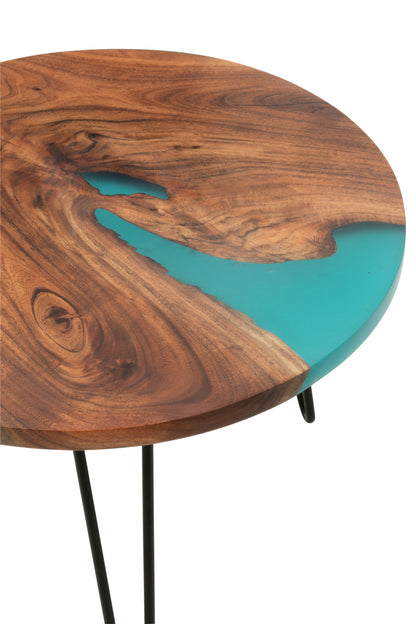 Bijzettafel Rond Acacia Hout/Epoxyhars Naturel/Blauw - Bijzettafel - J-Line - livinglovely.nl