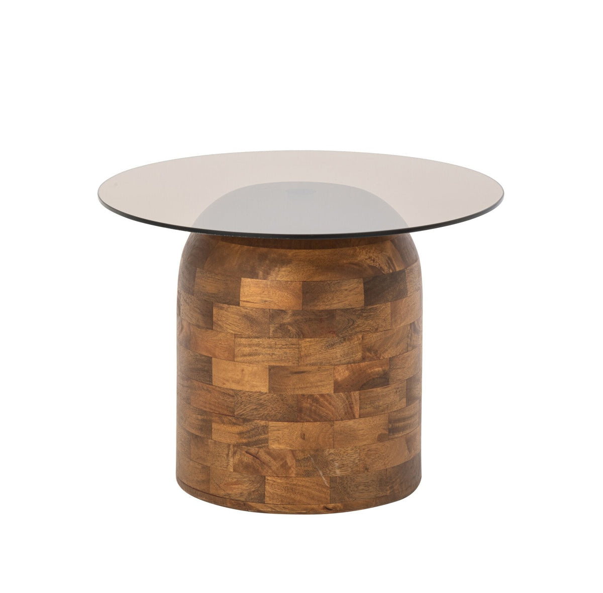 Ronde bijzettafel van J-Line, voet van naturel mangohout met rond glazen blad