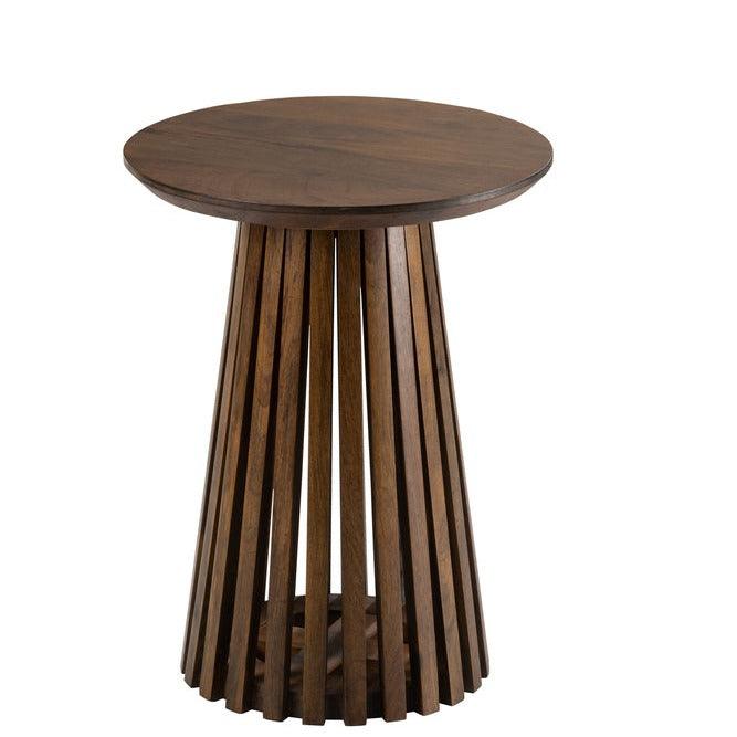 Bijzettafel Vincent Mangohout Bruin Small van J-Line, ronde bruine tafel met slanke lattenvoet op witte achtergrond