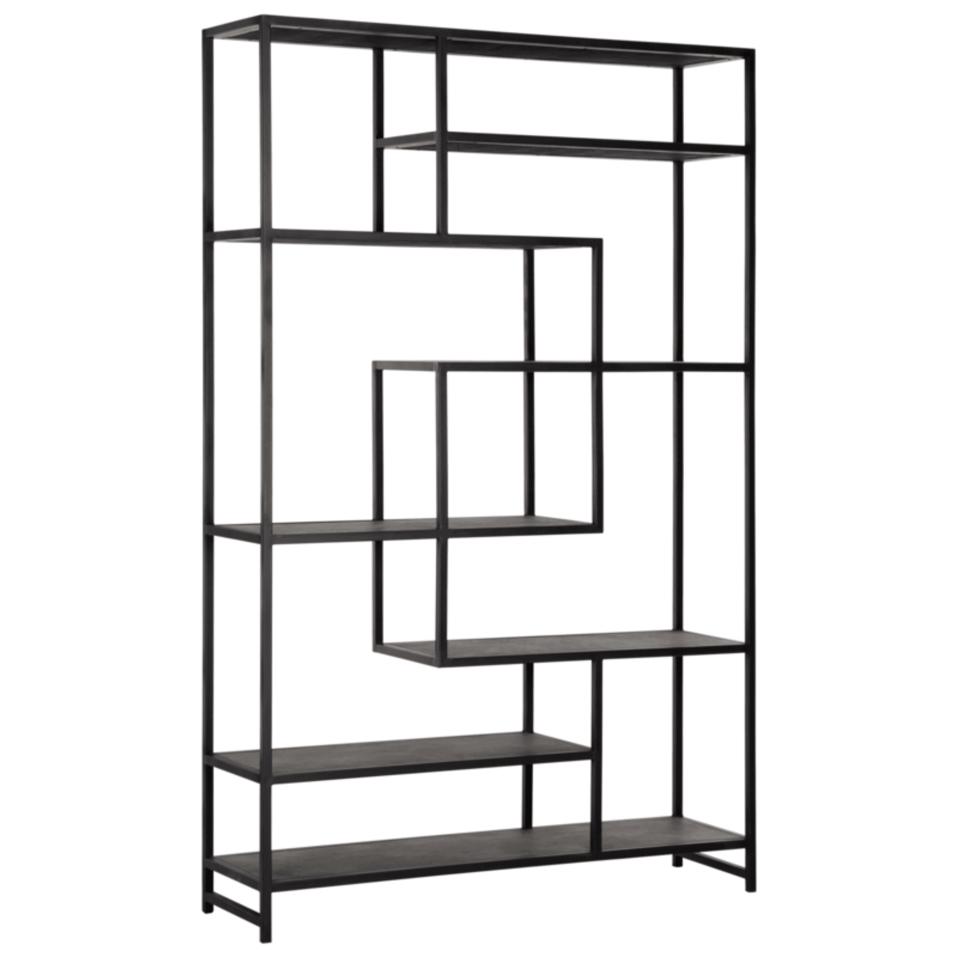 Boekenkast Harmony van MUST Living, open vakkenkast met zwart metalen frame en planken van gerecycled leer